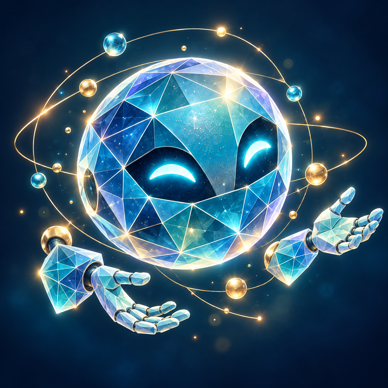 A friendly blue crystalline AI mascot with glowing eyes and open hands